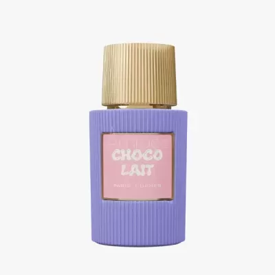 Frasco de perfume roxo com tampa dourada e etiqueta rosa CHOCO LAIT