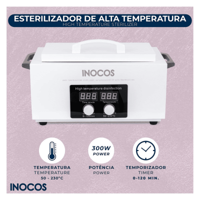 Esterilizador de alta temperatura azul INOCOS com visor digital e botões de controlo