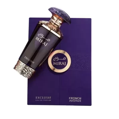 Frasco de perfume Miraj Exclusive em vidro roxo com caixa roxa