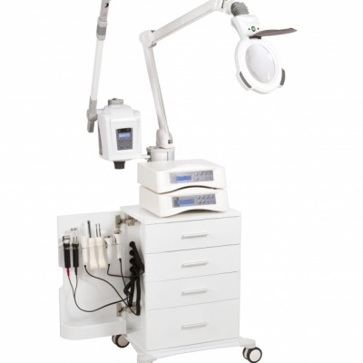 Carrinho médico móvel branco com lupa iluminada e gavetas