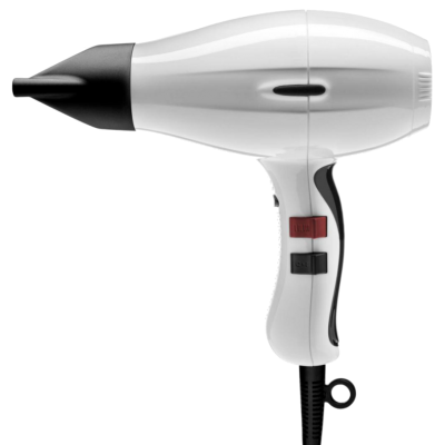 Secador de cabelo branco com bico preto e botões na pega