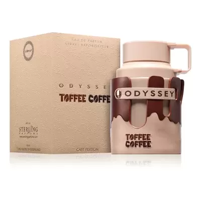 Embalagem e frasco de perfume ODYSSEY TOFFEE COFFEE em tons bege e castanho