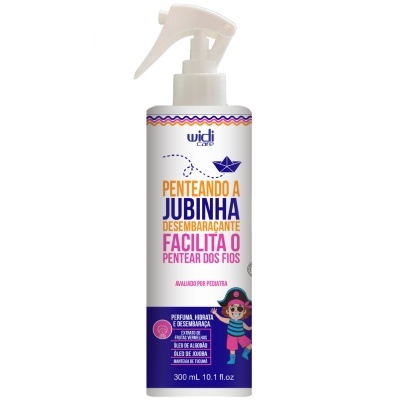 Frasco branco de spray para desembaraçar cabelo com texto colorido e ilustração de pirata
