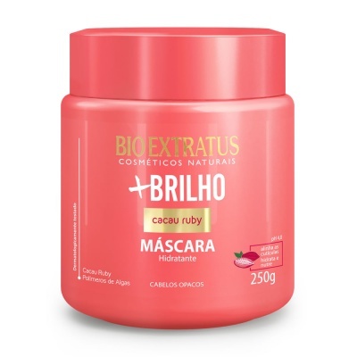 Frasco rosa coral de máscara hidratante BIO EXTRATUS +BRILHO Cacau Ruby 250g