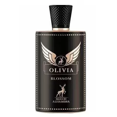 Frasco de perfume preto com design elegante e texto OLIVIA BLOSSOM