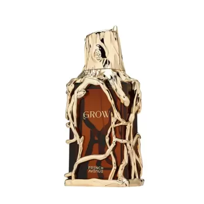 Frasco de perfume castanho com tampa dourada decorativa em forma de raízes entrelaçadas
