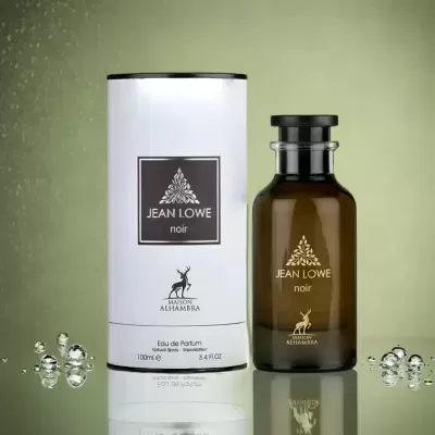 Frasco de perfume castanho JEAN LOWE noir com embalagem branca e gotas de água