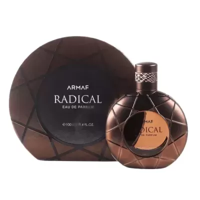 Frasco e caixa do perfume Armaf Radical Eau de Parfum 100 ml castanho escuro com padrão xadrez