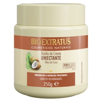 Frasco de creme umectante Bio Extratus com óleo de coco para cabelos desidratados.