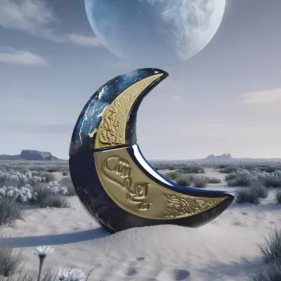 Escultura em forma de lua crescente com detalhes dourados e azul escuro na areia com flores e plantações sob céu azul.