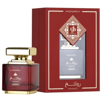 Perfume vermelho e dourado Monarch Rawaee com embalagem vermelha.