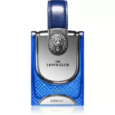 Frasco de perfume azul com tampa prateada e emblema de leão