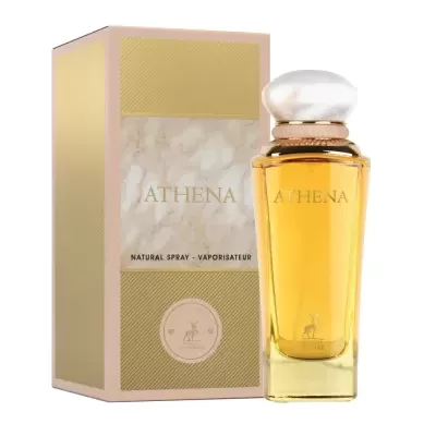 Frasco de perfume Athena com líquido amarelo e caixa bege e dourada