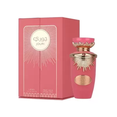 Frasco e caixa de perfume rosa com detalhes dourados e texto JOURI.