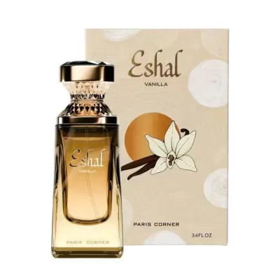 Frasco de perfume Eshal Vanilla com embalagem ao fundo