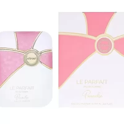 Frasco e caixa de perfume feminino branco e rosa com detalhes dourados