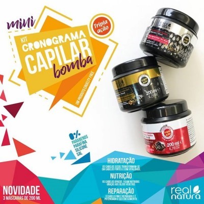Kit Cronograma Capilar Bomba Real Natura com três máscaras capilares de 200 ml cada, em frascos redondos de cores variadas