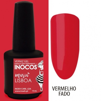 Frasco de verniz gel vermelho INOCOS Maria Lisboa com amostra da cor Vermelho Fado