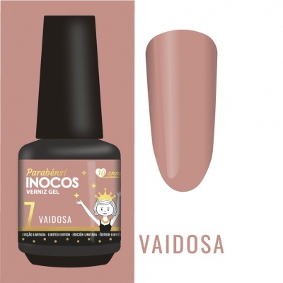 Frasco de verniz gel INOCOS cor Vaidosa com amostra da cor