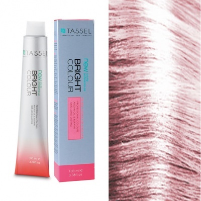 Tubo e caixa de tinta de cabelo TASSEL Bright Colour com amostra de cor rosa avermelhada