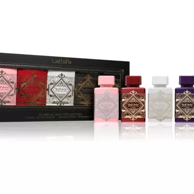 Conjunto de perfumes Lattafa Badee Al Oud Collection em cinco cores diferentes com embalagem preta.