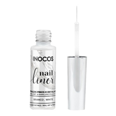 Frasco de nail liner branco com tampa prateada e pincel aberto