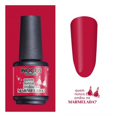 Verniz gel INOCOS vermelho com rótulo e amostra da cor