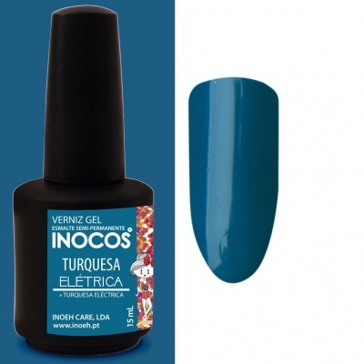 Frasco de verniz gel turquesa elástica com exemplo de cor