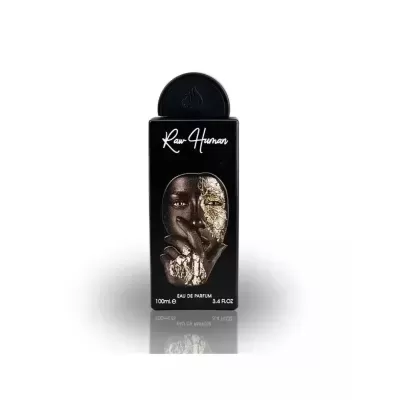 Frasco preto de perfume Raw Humans com imagem artística de rosto e texto branco