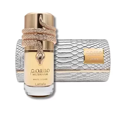 Frasco de perfume Paulo Musamm White Intense com tampa em forma de serpente e estojo prateado texturizado