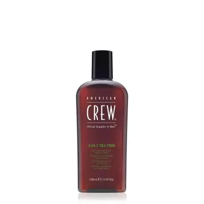 Frasco castanho de shampoo, condicionador e gel de banho American Crew 3-IN-1 TEA TREE