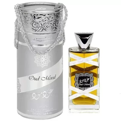 Frasco de perfume Oud Mood com caixa cilíndrica prateada