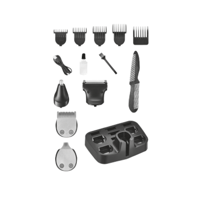 Kit de corte de cabelo e barba com lâminas, pentes, óleo, escova, cabo USB e estojo preto.