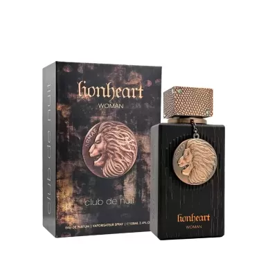 Perfume Lionheart Woman frasco preto com medalhão de leão dourado e embalagem preta