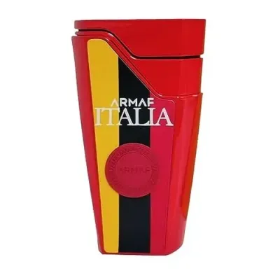 Frasco de perfume vermelho, amarelo e preto com texto ARMAF ITALIA