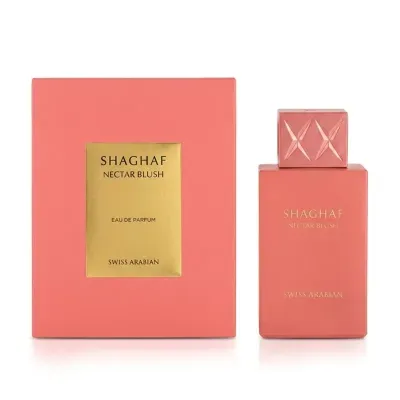 Frasco e caixa coral de perfume SHAGHAF NECTAR BLUSH com texto dourado