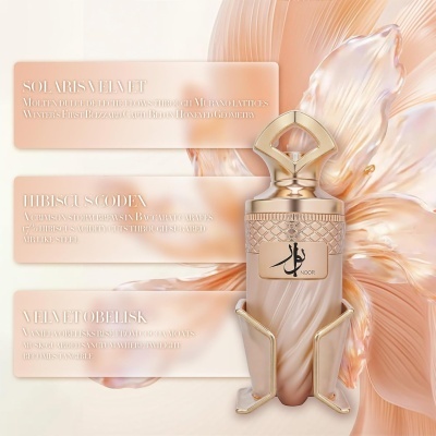 Frasco de perfume bege e dourado com tampa elegante e suporte, texto descritivo em fundo bege.