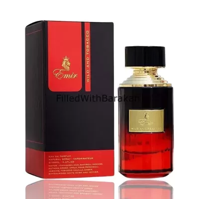 Frasco e caixa de perfume Emir Wild and Tobacco preto e vermelho com texto dourado