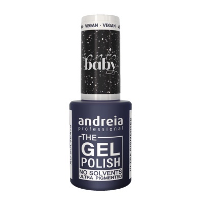 Frasco de verniz gel para unhas azul escuro da andreia professional com tampa preta com pontos brancos e texto