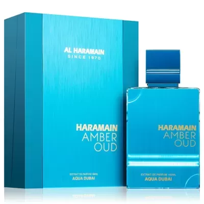 Frasco e caixa de perfume azul com texto dourado