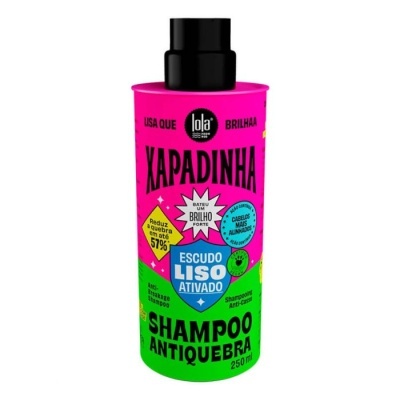 Frasco de shampoo antiquebra Lola Cosmetics colorido com texto em português