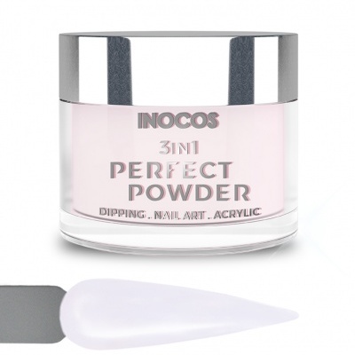 Pó para unhas INOCOS 3IN1 PERFECT POWDER com embalagem transparente e tampa prateada
