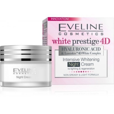 Creme de noite Eveline Cosmetics White Prestige 4D com embalagem branca e caixa com texto
