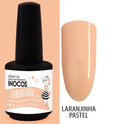 Verniz gel Inocos cor laranjinha pastel com rótulo ilustrado e amostra de cor