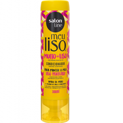 Frasco amarelo de condicionador Salon Line .meu liso com texto em preto e rosa.