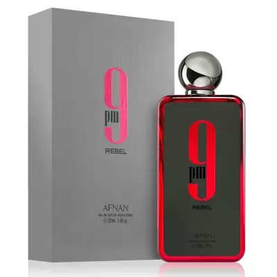 Frasco de perfume preto e vermelho com caixa cinzenta