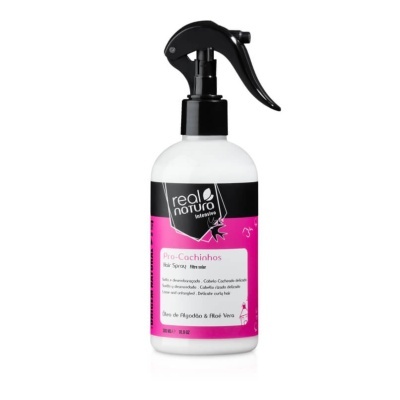 Frasco de spray Real Natura Pro-Cachinhos branco com rótulo rosa e preto