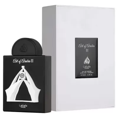 Frasco de perfume preto com design de mãos brancas e caixa branca ao fundo