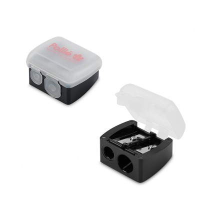 Apontadores quadrados pretos com tampas translúcidas brancas, um fechado com texto 'Paul's', outro aberto mostrando lâminas