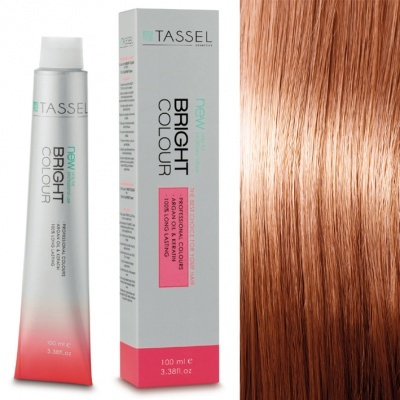 Tubo e caixa de tinta para cabelo TASSEL Bright Colour ao lado de cabelo liso loiro acobreado